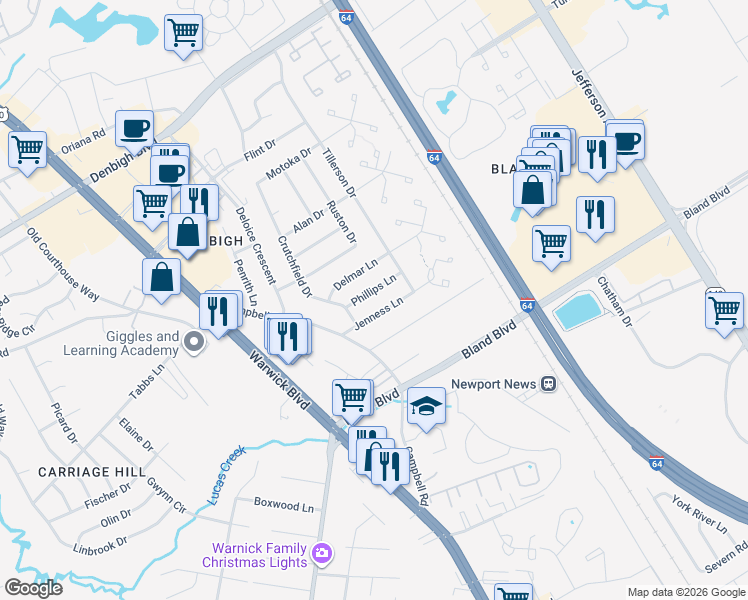 map of restaurants, bars, coffee shops, grocery stores, and more near 117 Jenness Lane in Newport News