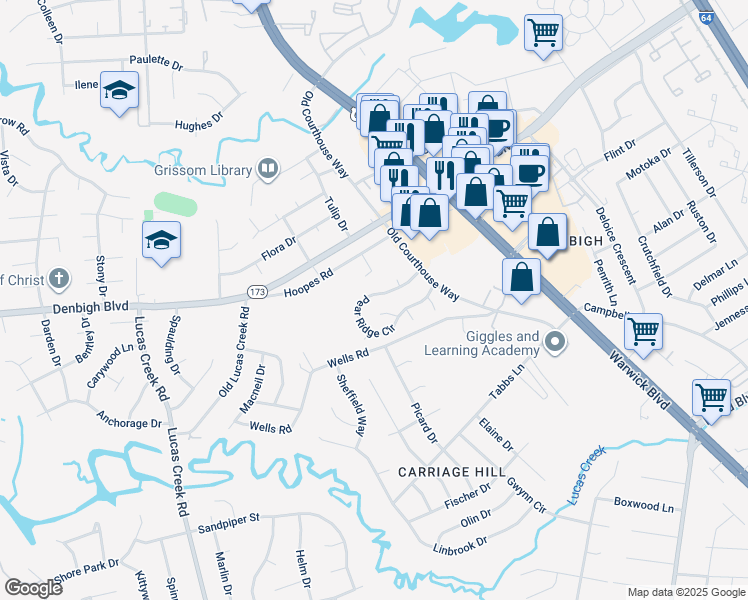 map of restaurants, bars, coffee shops, grocery stores, and more near 359 Pear Ridge Circle in Newport News