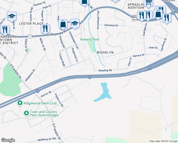 map of restaurants, bars, coffee shops, grocery stores, and more near 635 Reading Road in Christiansburg