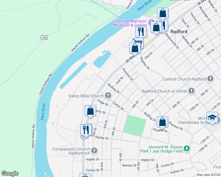map of restaurants, bars, coffee shops, grocery stores, and more near 1206 2nd Street in Radford