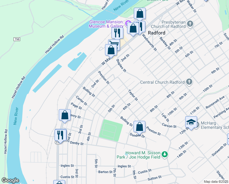 map of restaurants, bars, coffee shops, grocery stores, and more near 1008 4th Street in Radford