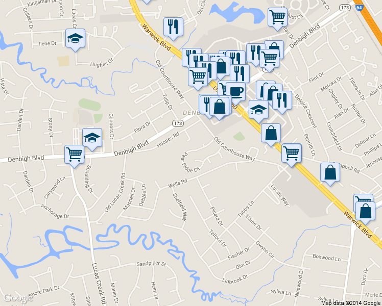 map of restaurants, bars, coffee shops, grocery stores, and more near 359 Pear Ridge Circle in Newport News