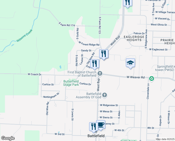 map of restaurants, bars, coffee shops, grocery stores, and more near 4359 West Weaver Road in Battlefield
