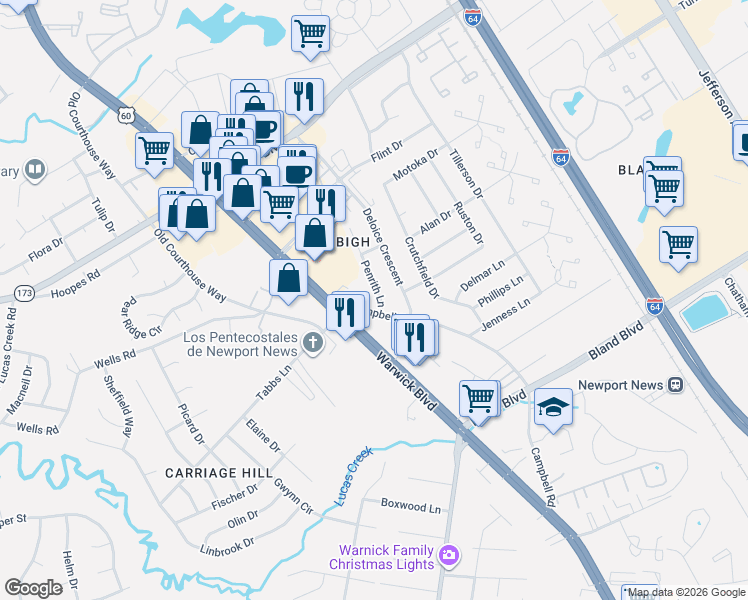map of restaurants, bars, coffee shops, grocery stores, and more near 14201 Penrith Lane in Newport News