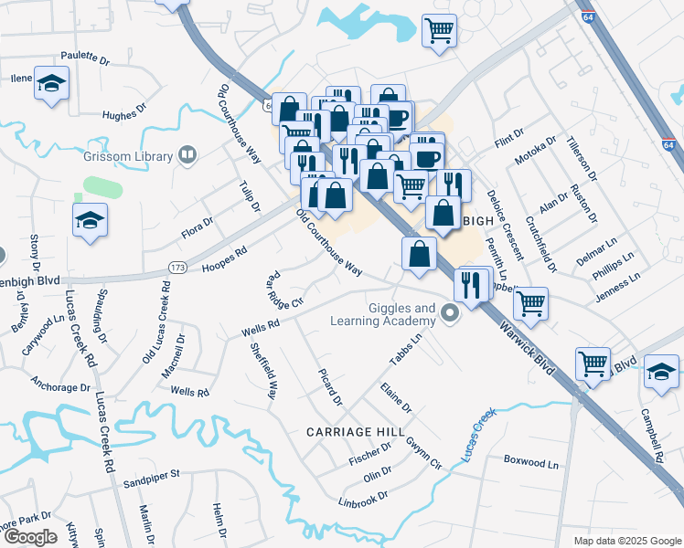 map of restaurants, bars, coffee shops, grocery stores, and more near 4312 Merlyn Walk Place in Newport News