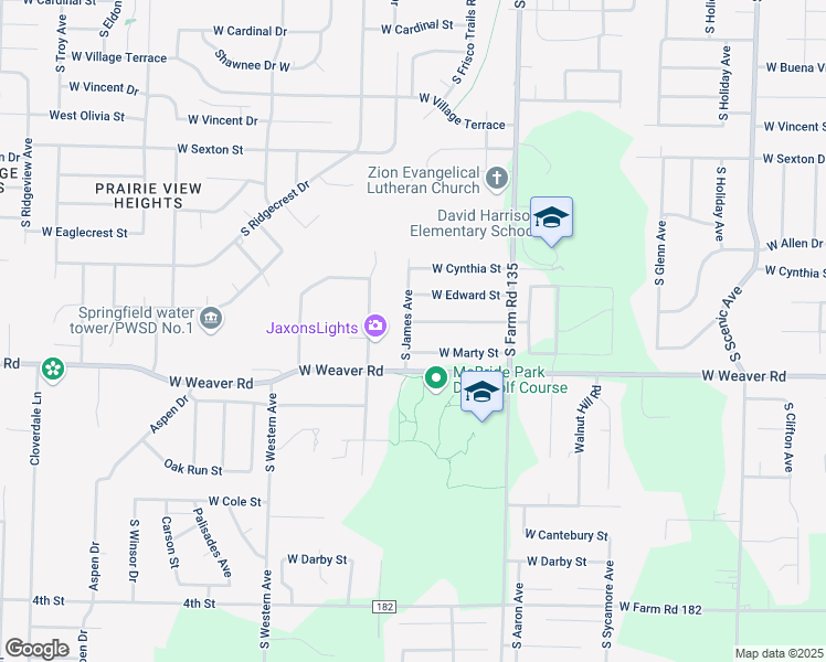 map of restaurants, bars, coffee shops, grocery stores, and more near 4923-4933 South James Avenue in Springfield