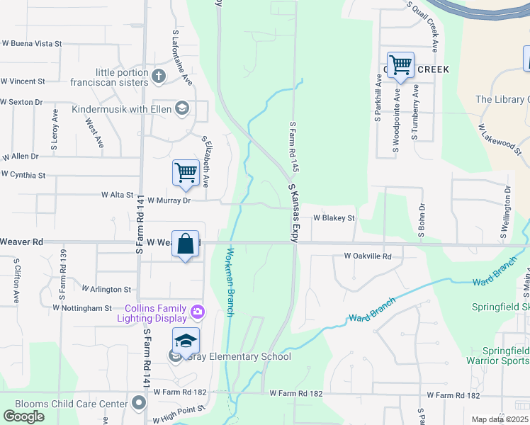map of restaurants, bars, coffee shops, grocery stores, and more near 1646 West Caleb Court in Springfield
