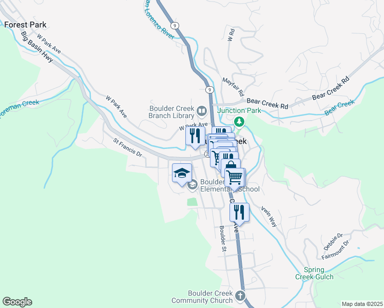 map of restaurants, bars, coffee shops, grocery stores, and more near 13350 Big Basin Way in Boulder Creek