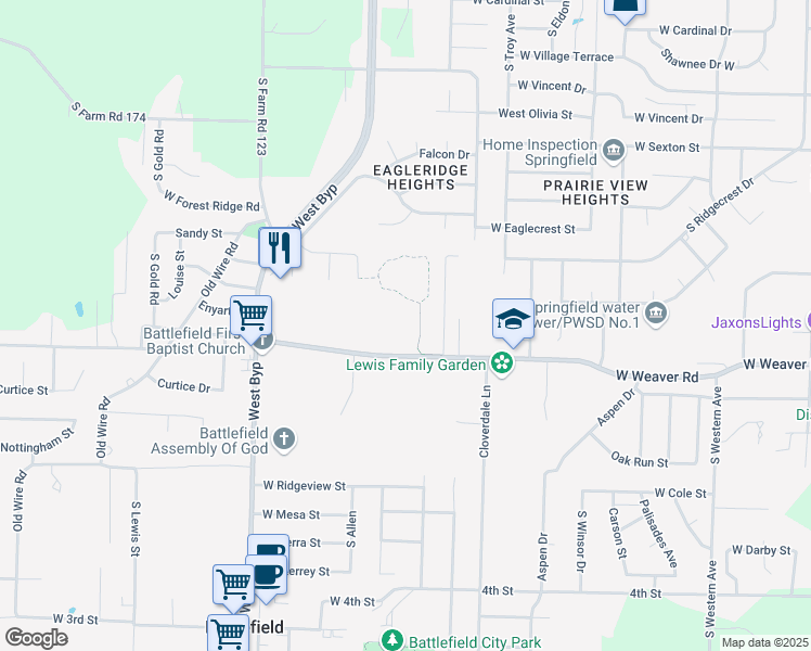 map of restaurants, bars, coffee shops, grocery stores, and more near 4035 West Weaver Road in Battlefield