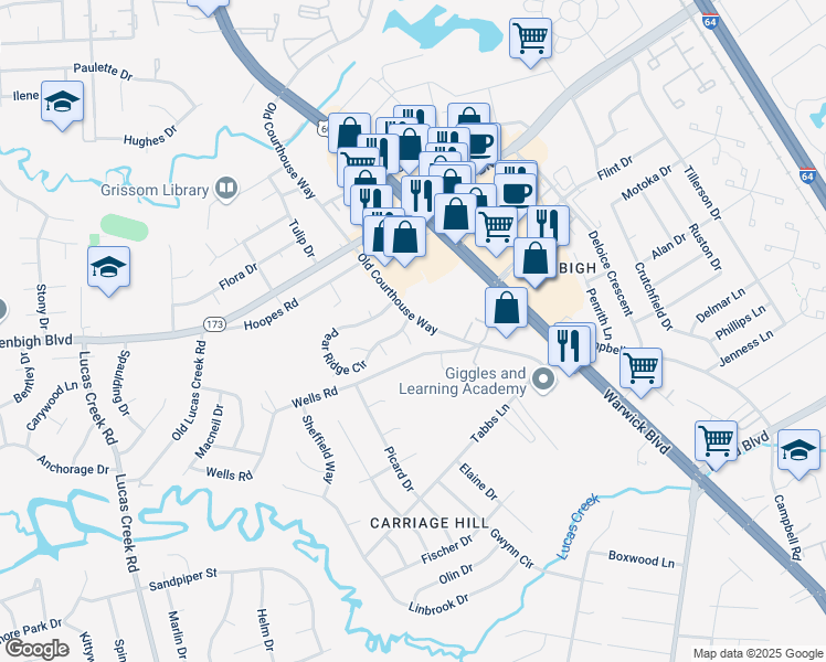 map of restaurants, bars, coffee shops, grocery stores, and more near 4312 Merlyn Walk Place in Newport News