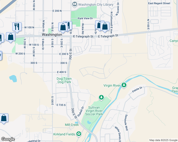 map of restaurants, bars, coffee shops, grocery stores, and more near 397 South Leoni Way in Washington