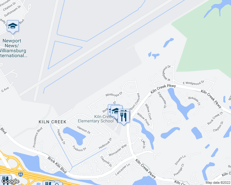map of restaurants, bars, coffee shops, grocery stores, and more near 804 Millgate Court in Newport News