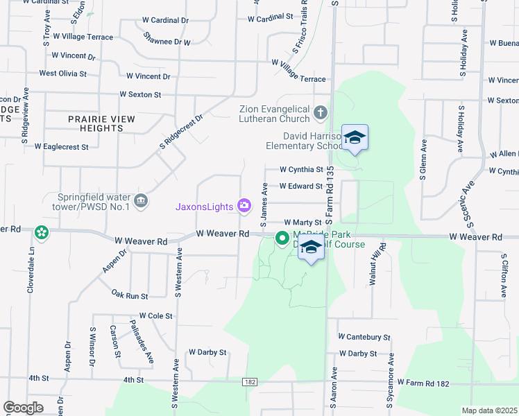 map of restaurants, bars, coffee shops, grocery stores, and more near 4923 South James Avenue in Springfield