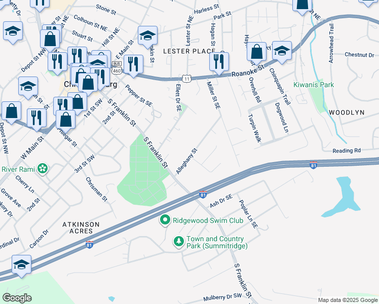 map of restaurants, bars, coffee shops, grocery stores, and more near 102 Alleghany Street in Christiansburg