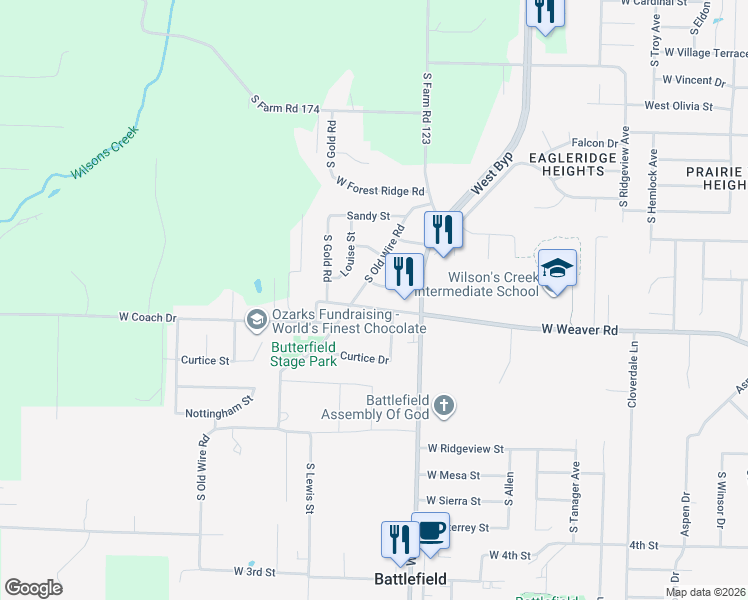 map of restaurants, bars, coffee shops, grocery stores, and more near 4359 West Weaver Road in Battlefield
