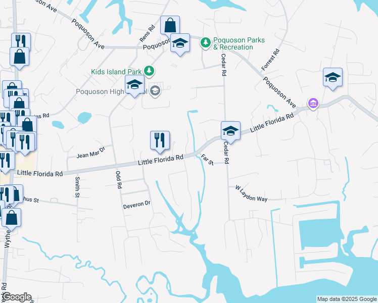map of restaurants, bars, coffee shops, grocery stores, and more near 2 Kathy Drive in Poquoson