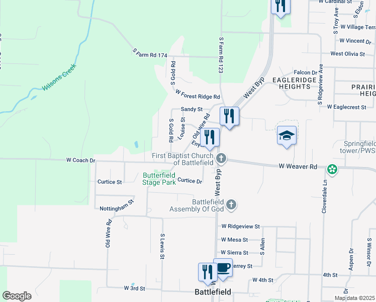 map of restaurants, bars, coffee shops, grocery stores, and more near 4359 West Weaver Road in Battlefield