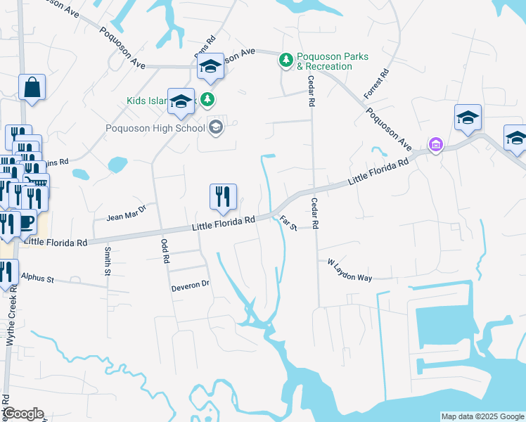 map of restaurants, bars, coffee shops, grocery stores, and more near 2 Kathy Drive in Poquoson