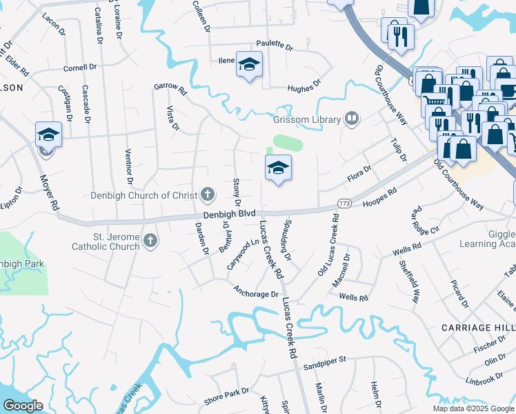 map of restaurants, bars, coffee shops, grocery stores, and more near 237 Denbigh Boulevard in Newport News