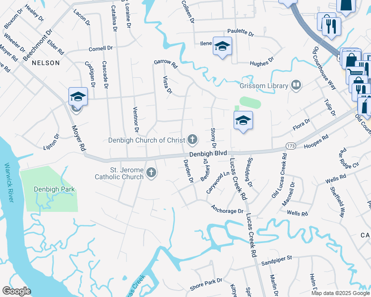 map of restaurants, bars, coffee shops, grocery stores, and more near 802 Darden Drive in Newport News