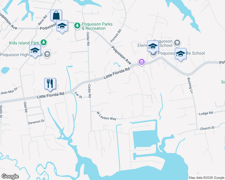 map of restaurants, bars, coffee shops, grocery stores, and more near 16 Rhodelia Lane in Poquoson