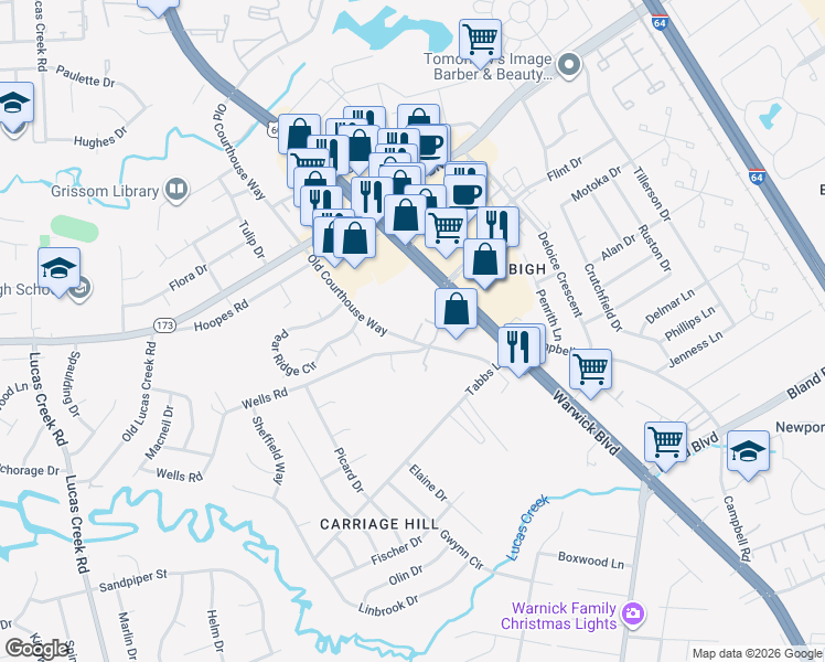 map of restaurants, bars, coffee shops, grocery stores, and more near 14307 Old Courthouse Way in Newport News