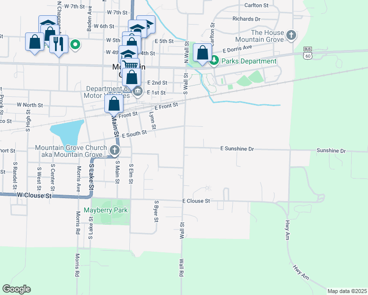 map of restaurants, bars, coffee shops, grocery stores, and more near 351 South Wall Street in Mountain Grove