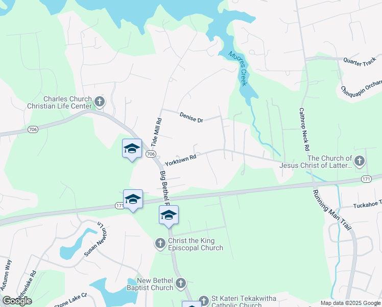 map of restaurants, bars, coffee shops, grocery stores, and more near 1507 Yorktown Road in Yorktown