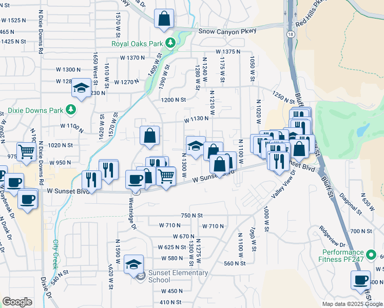map of restaurants, bars, coffee shops, grocery stores, and more near 970 North 1300 West in St. George