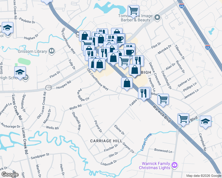 map of restaurants, bars, coffee shops, grocery stores, and more near 14270 Old Courthouse Way in Newport News