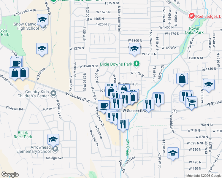 map of restaurants, bars, coffee shops, grocery stores, and more near 1930 975 North Street in Saint George