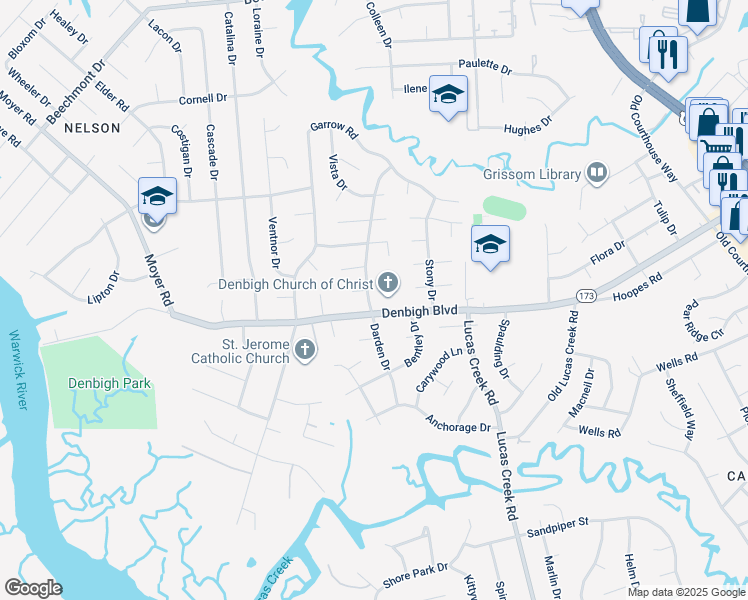 map of restaurants, bars, coffee shops, grocery stores, and more near 802 Darden Drive in Newport News