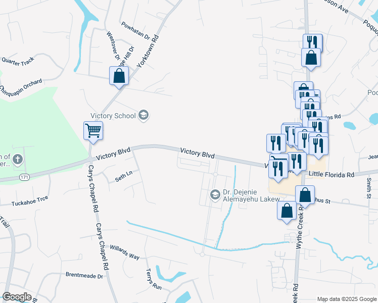 map of restaurants, bars, coffee shops, grocery stores, and more near Victory Boulevard in Poquoson