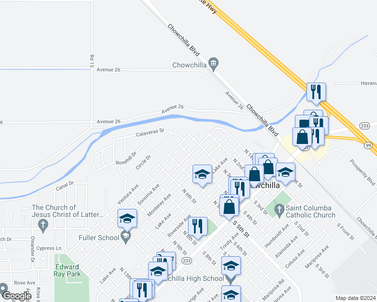 map of restaurants, bars, coffee shops, grocery stores, and more near 320 Sonoma Avenue in Chowchilla