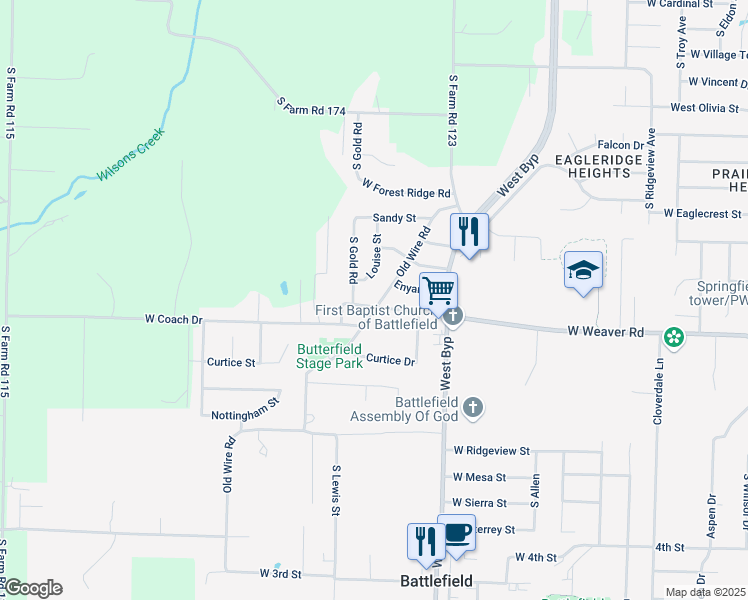 map of restaurants, bars, coffee shops, grocery stores, and more near 4440 West Weaver Road in Battlefield