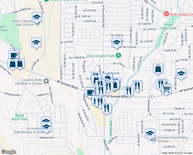map of restaurants, bars, coffee shops, grocery stores, and more near 1930 975 North Street in St. George