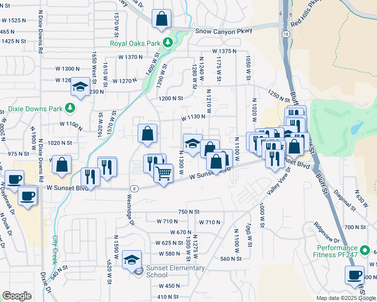map of restaurants, bars, coffee shops, grocery stores, and more near 970 North 1300 West in St. George