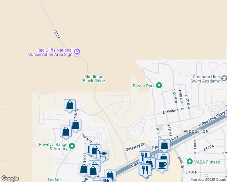 map of restaurants, bars, coffee shops, grocery stores, and more near Dellcorero Drive in St. George
