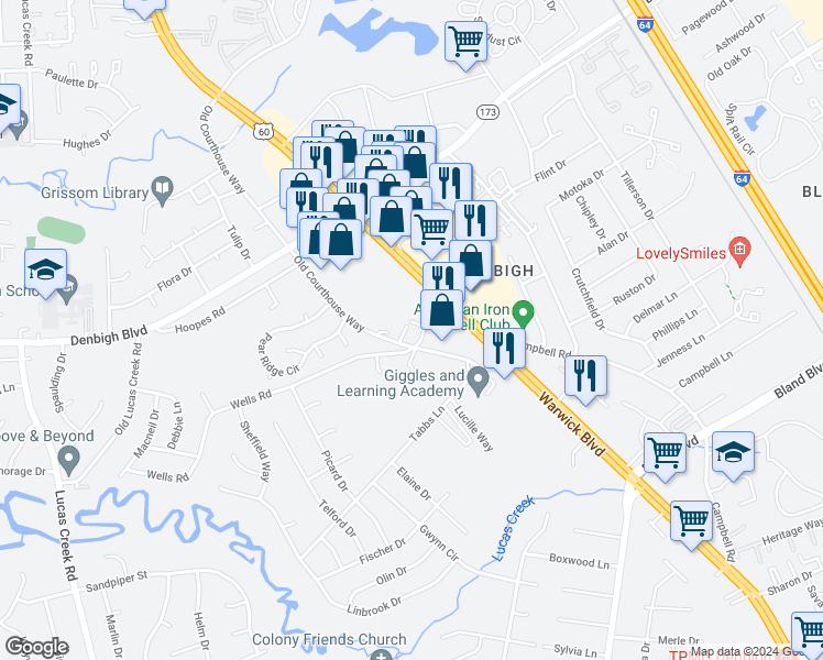 map of restaurants, bars, coffee shops, grocery stores, and more near 316 Gaylor Lane in Newport News