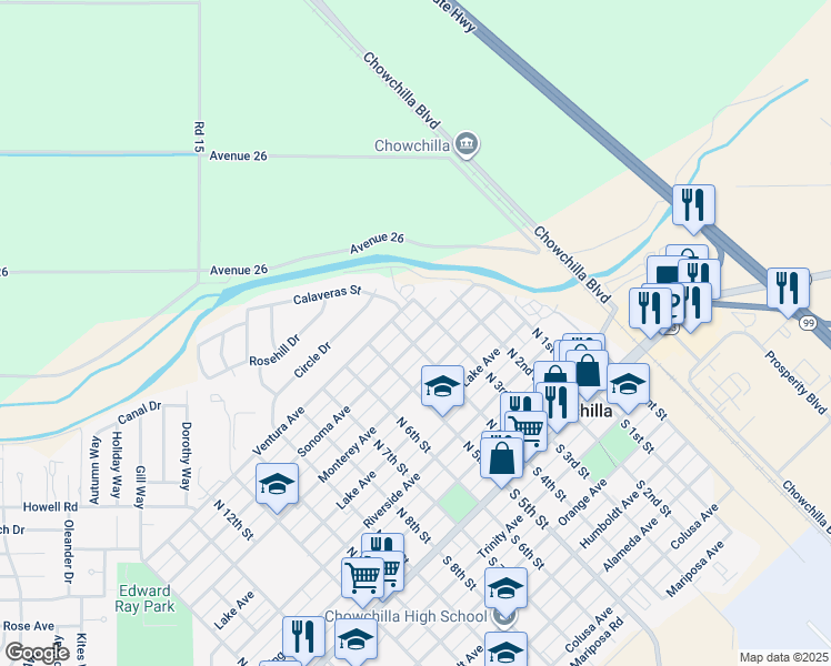 map of restaurants, bars, coffee shops, grocery stores, and more near 320 Sonoma Avenue in Chowchilla
