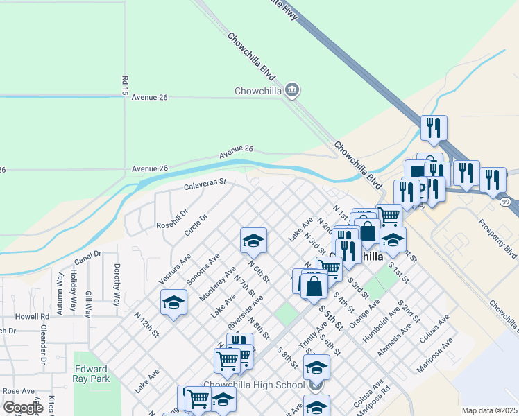 map of restaurants, bars, coffee shops, grocery stores, and more near 316 Sonoma Avenue in Chowchilla