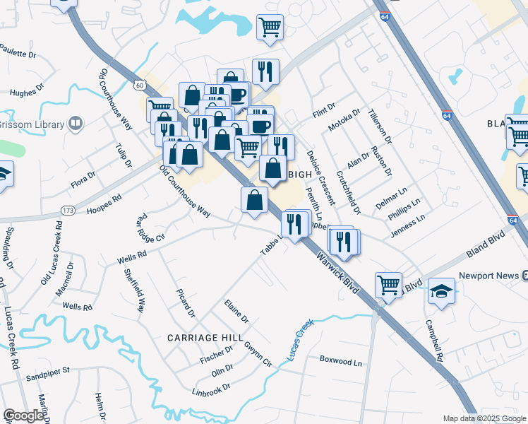 map of restaurants, bars, coffee shops, grocery stores, and more near 13809 Warwick Boulevard in Newport News