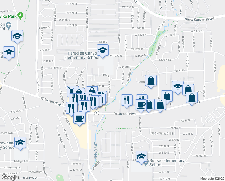 map of restaurants, bars, coffee shops, grocery stores, and more near 968 North 1725 West in St. George