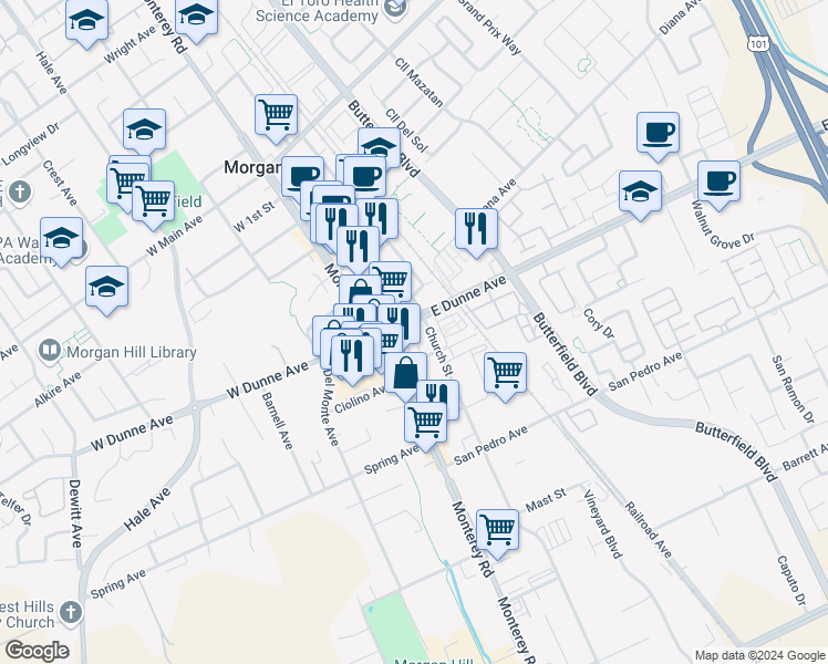 map of restaurants, bars, coffee shops, grocery stores, and more near 75 Myrtle Avenue in Morgan Hill