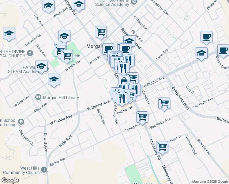map of restaurants, bars, coffee shops, grocery stores, and more near 37 West Dunne Avenue in Morgan Hill