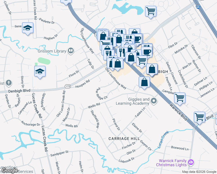 map of restaurants, bars, coffee shops, grocery stores, and more near 4318 Tindall Court in Newport News