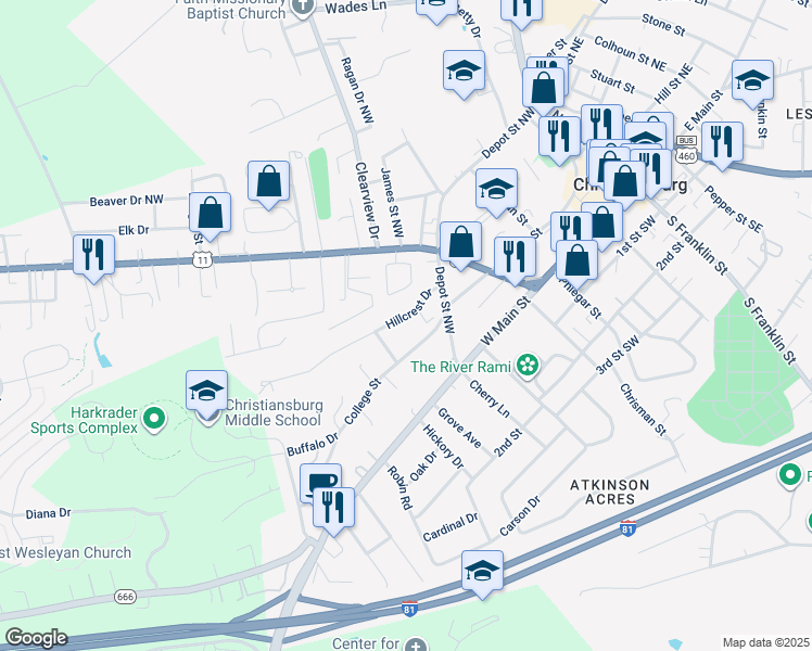 map of restaurants, bars, coffee shops, grocery stores, and more near 725 College Street in Christiansburg