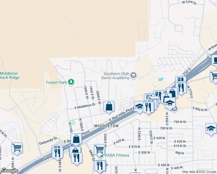 map of restaurants, bars, coffee shops, grocery stores, and more near 1009 North 2050 East in St. George