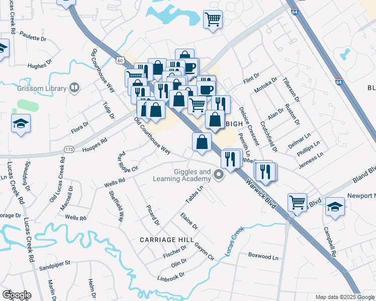 map of restaurants, bars, coffee shops, grocery stores, and more near 316 Gaylor Lane in Newport News