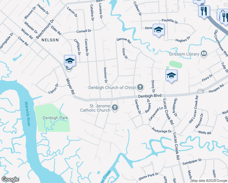 map of restaurants, bars, coffee shops, grocery stores, and more near 806 Garrow Road in Newport News